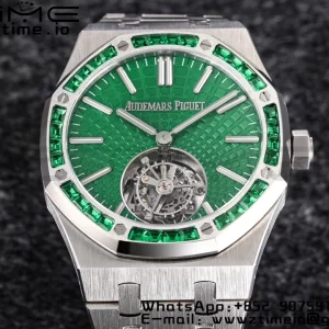 AP Royal Oak SIHH SS Tourbillon R8F Diamond Bezel Green Sunburst Tapisserie Dial on SS Bracelet V2 Flying Tourb - Super Clone Watch | 1:1 Best Version
