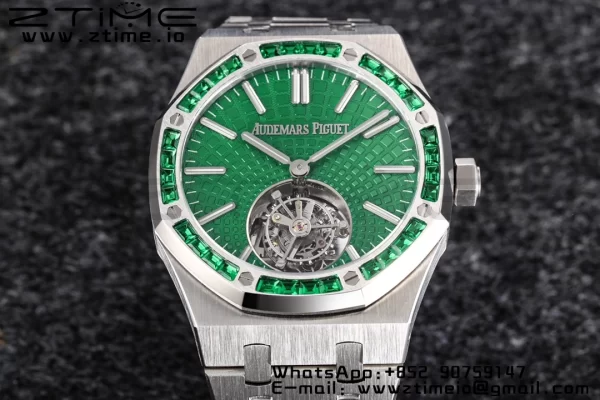 AP Royal Oak SIHH SS Tourbillon R8F Diamond Bezel Green Sunburst Tapisserie Dial on SS Bracelet V2 Flying Tourb - Super Clone Watch | 1:1 Best Version