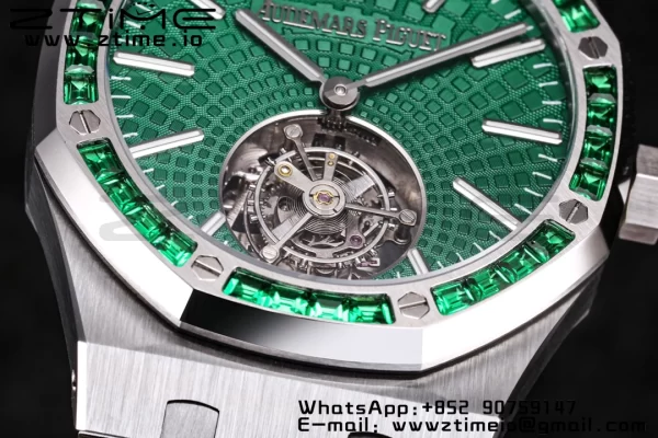 AP Royal Oak SIHH SS Tourbillon R8F Diamond Bezel Green Sunburst Tapisserie Dial on SS Bracelet V2 Flying Tourb - Super Clone Watch | 1:1 Best Version
