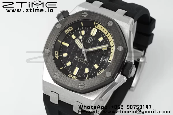 AP Royal Oak Offshore Diver 15720 SS APSF 1:1 Best Edition Black Dial Ceramic Bezel on Black Rubber Strap A4308 Super Clone - Super Clone Watch | 1:1 Best Version
