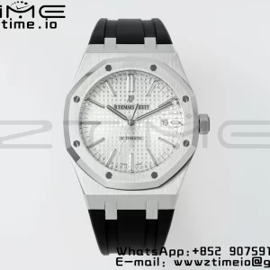 AP Royal Oak 41mm 15400 SS APSF 1:1 Best Edition White Textured Dial on Black Rubber Strap SA3120 Super Clone V3 - Super Clone Watch | 1:1 Best Version