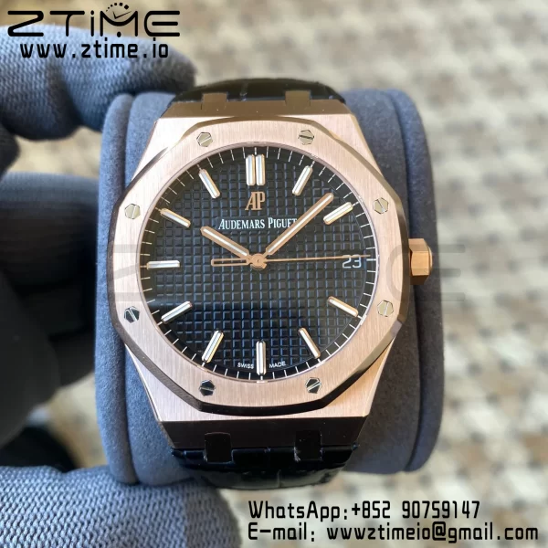 AP Royal Oak 41mm 15500 RG APSF 1:1 Best Edition Black Textured Dial on Black Leather Strap SA4302 Super Clone V3 - Super Clone Watch | 1:1 Best Version