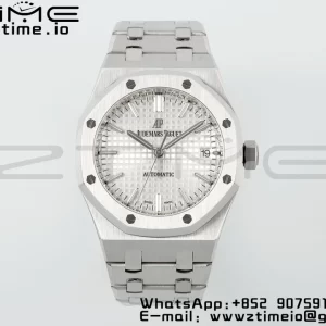 AP ロイヤルオーク 41mm 15400 SS ZF 1:1 ベストエディション SSブレスレット ホワイトテクスチャードダイヤル V2 SA3120 スーパークローン - スーパークローンウォッチ｜1:1 ベストバージョン