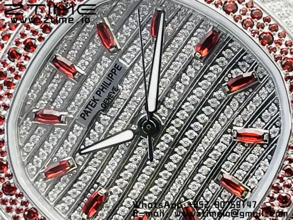 パテック フィリップ ノーチラス 7118 レディース レッド/ホワイトダイヤモンド GRF 1:1 ベストエディション フルダイヤモンドダイヤル フルダイヤモンドブレスレット 324CS - スーパークローンウォッチ｜1:1 ベストバージョン