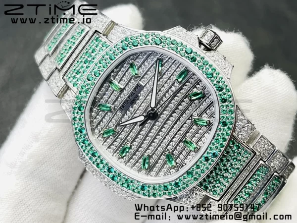 PATEK PHILIPPE Nautilus 7118 Ladies Green/White Diamonds GRF 1:1 Best Edition Full Diamonds Dial on Full Diamonds Bracelet 324CS - Super Clone Watch | 1:1 Best Version