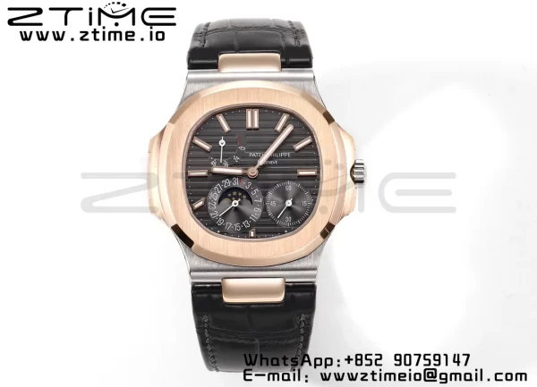 PATEK PHILIPPE Nautilus RG/SS 5712 GRF 1:1 Best Edition Moon Phase Gray Dial on Black Leather Strap A240 - Super Clone Watch | 1:1 Best Version