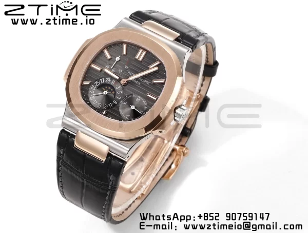 PATEK PHILIPPE Nautilus RG/SS 5712 GRF 1:1 Best Edition Moon Phase Gray Dial on Black Leather Strap A240 - Super Clone Watch | 1:1 Best Version