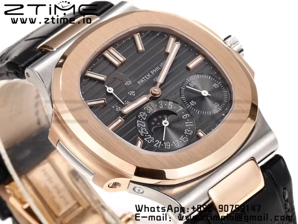 PATEK PHILIPPE Nautilus RG/SS 5712 GRF 1:1 Best Edition Moon Phase Gray Dial on Black Leather Strap A240 - Super Clone Watch | 1:1 Best Version