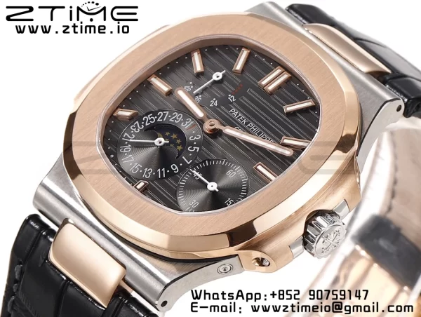 PATEK PHILIPPE Nautilus RG/SS 5712 GRF 1:1 Best Edition Moon Phase Gray Dial on Black Leather Strap A240 - Super Clone Watch | 1:1 Best Version