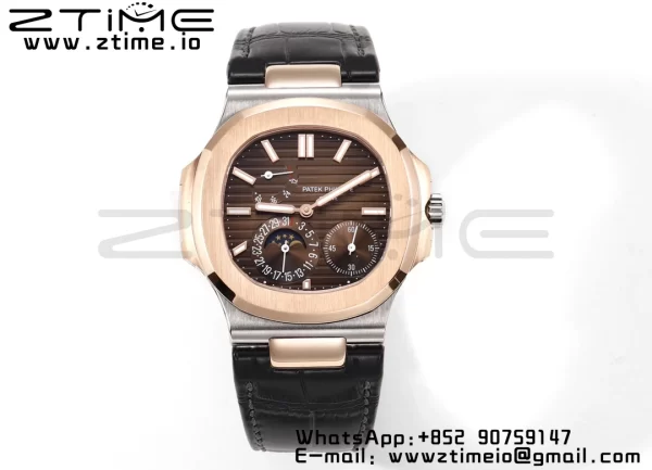 PATEK PHILIPPE Nautilus RG/SS 5712 GRF 1:1 Best Edition Moon Phase Brown Dial on Black Leather Strap A240 - Super Clone Watch | 1:1 Best Version