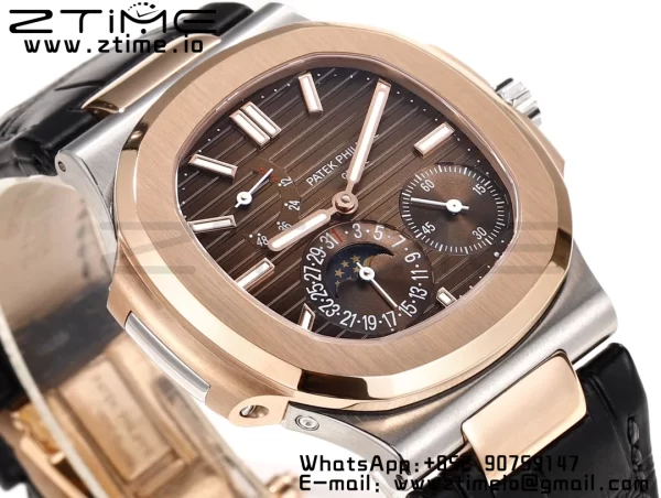 PATEK PHILIPPE Nautilus RG/SS 5712 GRF 1:1 Best Edition Moon Phase Brown Dial on Black Leather Strap A240 - Super Clone Watch | 1:1 Best Version