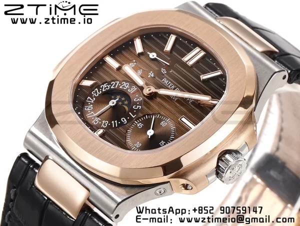 PATEK PHILIPPE Nautilus RG/SS 5712 GRF 1:1 Best Edition Moon Phase Brown Dial on Black Leather Strap A240 - Super Clone Watch | 1:1 Best Version