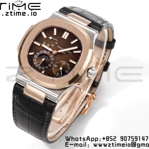 PATEK PHILIPPE Nautilus RG/SS 5712 GRF 1:1 Best Edition Moon Phase Brown Dial on Black Leather Strap A240 - Super Clone Watch | 1:1 Best Version