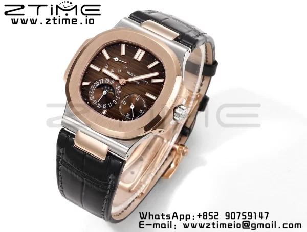 PATEK PHILIPPE Nautilus RG/SS 5712 GRF 1:1 Best Edition Moon Phase Brown Dial on Black Leather Strap A240 - Super Clone Watch | 1:1 Best Version