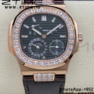 PATEK PHILIPPE Nautilus 5712 GRF 1:1 Best Edition Moon Phase Gray Dial Diamonds Bezel on Brown Leather Strap A240 - Super Clone Watch | 1:1 Best Version