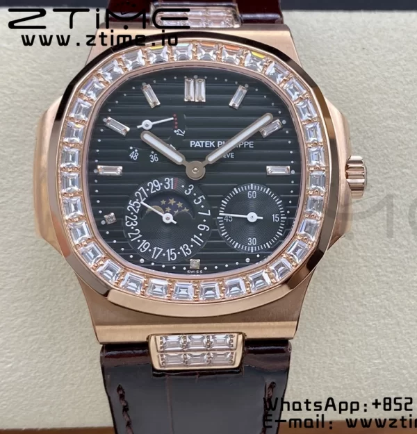 PATEK PHILIPPE Nautilus 5712 GRF 1:1 Best Edition Moon Phase Gray Dial Diamonds Bezel on Brown Leather Strap A240 - Super Clone Watch | 1:1 Best Version