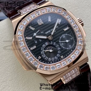 PATEK PHILIPPE Nautilus 5712 GRF 1:1 Best Edition Moon Phase Gray Dial Diamonds Bezel on Brown Leather Strap A240 - Super Clone Watch | 1:1 Best Version
