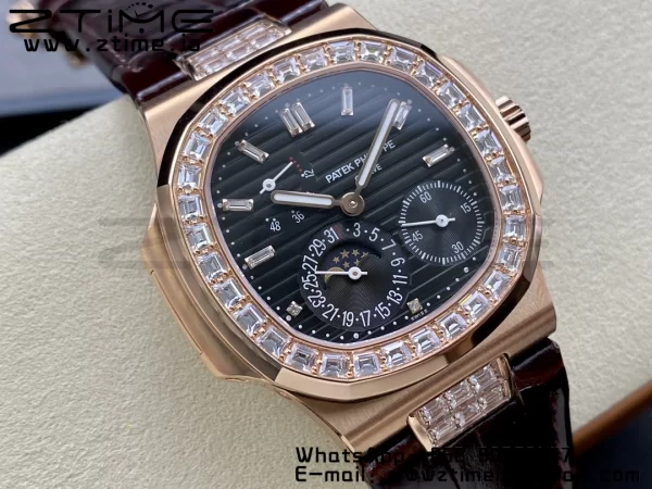 PATEK PHILIPPE Nautilus 5712 GRF 1:1 Best Edition Moon Phase Gray Dial Diamonds Bezel on Brown Leather Strap A240 - Super Clone Watch | 1:1 Best Version