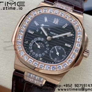PATEK PHILIPPE Nautilus 5712 GRF 1:1 Best Edition Moon Phase Gray Dial Diamonds Bezel on Brown Leather Strap A240 - Super Clone Watch | 1:1 Best Version