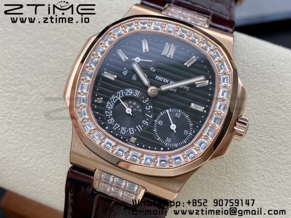 PATEK PHILIPPE Nautilus 5712 GRF 1:1 Best Edition Moon Phase Gray Dial Diamonds Bezel on Brown Leather Strap A240 - Super Clone Watch | 1:1 Best Version