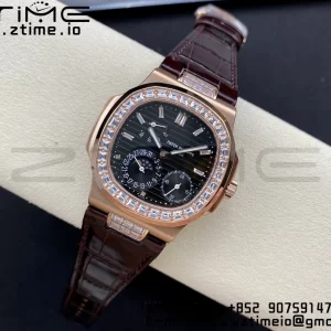 PATEK PHILIPPE Nautilus 5712 GRF 1:1 Best Edition Moon Phase Gray Dial Diamonds Bezel on Brown Leather Strap A240 - Super Clone Watch | 1:1 Best Version