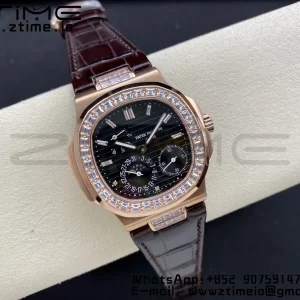 PATEK PHILIPPE Nautilus 5712 GRF 1:1 Best Edition Moon Phase Gray Dial Diamonds Bezel on Brown Leather Strap A240 - Super Clone Watch | 1:1 Best Version