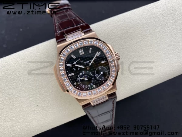 PATEK PHILIPPE Nautilus 5712 GRF 1:1 Best Edition Moon Phase Gray Dial Diamonds Bezel on Brown Leather Strap A240 - Super Clone Watch | 1:1 Best Version
