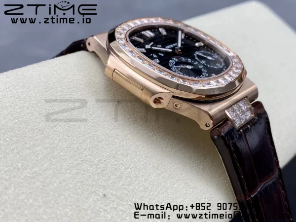 PATEK PHILIPPE Nautilus 5712 GRF 1:1 Best Edition Moon Phase Gray Dial Diamonds Bezel on Brown Leather Strap A240 - Super Clone Watch | 1:1 Best Version
