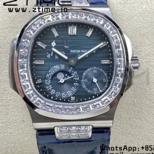 PATEK PHILIPPE Nautilus 5712 GRF 1:1 Best Edition Moon Phase Blue Dial Diamonds Bezel on Blue Leather Strap A240 - Super Clone Watch | 1:1 Best Version