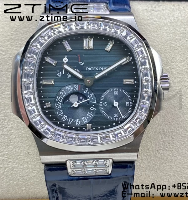 PATEK PHILIPPE Nautilus 5712 GRF 1:1 Best Edition Moon Phase Blue Dial Diamonds Bezel on Blue Leather Strap A240 - Super Clone Watch | 1:1 Best Version