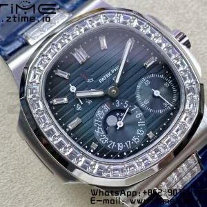 PATEK PHILIPPE Nautilus 5712 GRF 1:1 Best Edition Moon Phase Blue Dial Diamonds Bezel on Blue Leather Strap A240 - Super Clone Watch | 1:1 Best Version