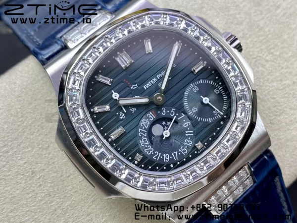 PATEK PHILIPPE Nautilus 5712 GRF 1:1 Best Edition Moon Phase Blue Dial Diamonds Bezel on Blue Leather Strap A240 - Super Clone Watch | 1:1 Best Version