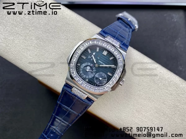 PATEK PHILIPPE Nautilus 5712 GRF 1:1 Best Edition Moon Phase Blue Dial Diamonds Bezel on Blue Leather Strap A240 - Super Clone Watch | 1:1 Best Version