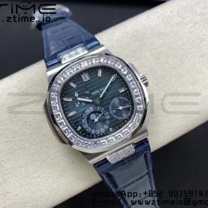 PATEK PHILIPPE Nautilus 5712 GRF 1:1 Best Edition Moon Phase Blue Dial Diamonds Bezel on Blue Leather Strap A240 - Super Clone Watch | 1:1 Best Version
