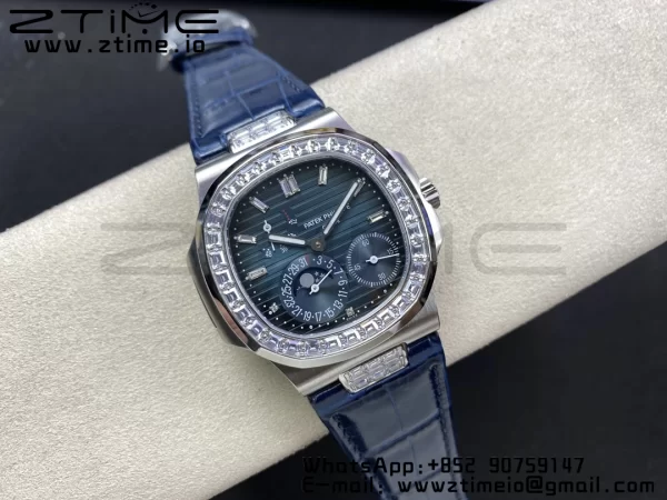 PATEK PHILIPPE Nautilus 5712 GRF 1:1 Best Edition Moon Phase Blue Dial Diamonds Bezel on Blue Leather Strap A240 - Super Clone Watch | 1:1 Best Version