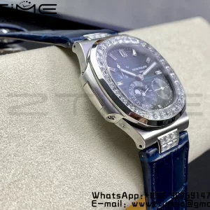 PATEK PHILIPPE Nautilus 5712 GRF 1:1 Best Edition Moon Phase Blue Dial Diamonds Bezel on Blue Leather Strap A240 - Super Clone Watch | 1:1 Best Version