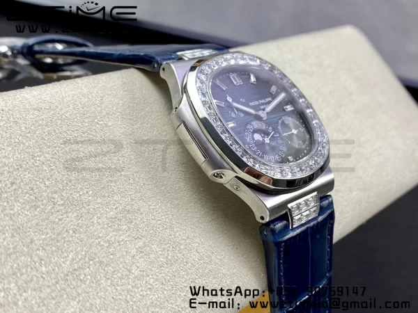 PATEK PHILIPPE Nautilus 5712 GRF 1:1 Best Edition Moon Phase Blue Dial Diamonds Bezel on Blue Leather Strap A240 - Super Clone Watch | 1:1 Best Version