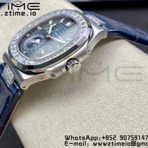 PATEK PHILIPPE Nautilus 5712 GRF 1:1 Best Edition Moon Phase Blue Dial Diamonds Bezel on Blue Leather Strap A240 - Super Clone Watch | 1:1 Best Version