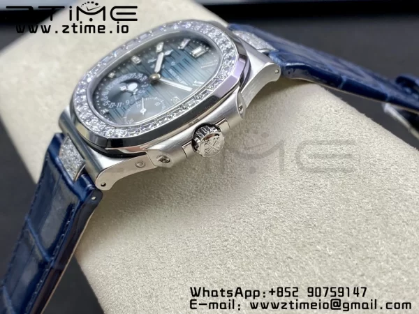PATEK PHILIPPE Nautilus 5712 GRF 1:1 Best Edition Moon Phase Blue Dial Diamonds Bezel on Blue Leather Strap A240 - Super Clone Watch | 1:1 Best Version