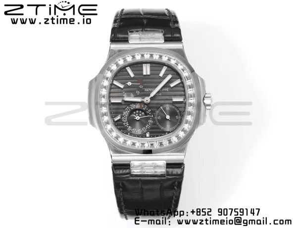 PATEK PHILIPPE Nautilus 5712 GRF 1:1 Best Edition Moon Phase Gray Dial Diamonds Bezel on Black Leather Strap A240 - Super Clone Watch | 1:1 Best Version