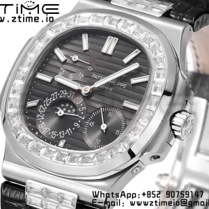 PATEK PHILIPPE Nautilus 5712 GRF 1:1 Best Edition Moon Phase Gray Dial Diamonds Bezel on Black Leather Strap A240 - Super Clone Watch | 1:1 Best Version