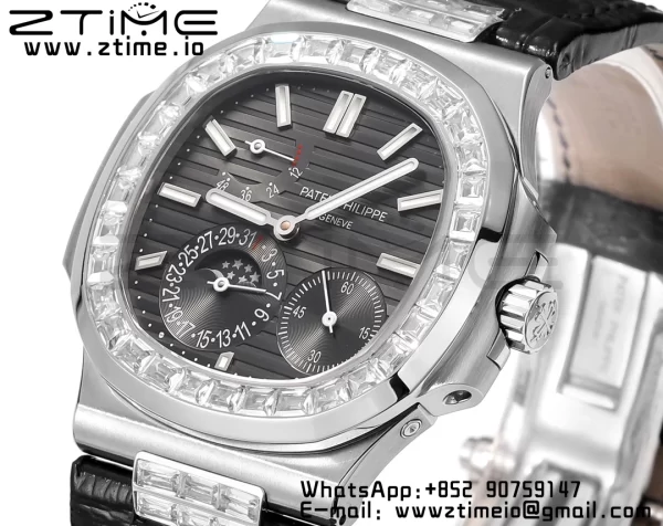 PATEK PHILIPPE Nautilus 5712 GRF 1:1 Best Edition Moon Phase Gray Dial Diamonds Bezel on Black Leather Strap A240 - Super Clone Watch | 1:1 Best Version