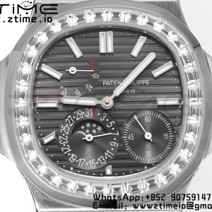 PATEK PHILIPPE Nautilus 5712 GRF 1:1 Best Edition Moon Phase Gray Dial Diamonds Bezel on Black Leather Strap A240 - Super Clone Watch | 1:1 Best Version