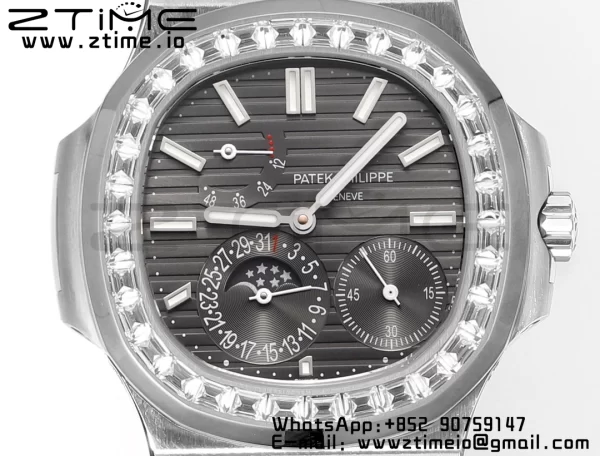 PATEK PHILIPPE Nautilus 5712 GRF 1:1 Best Edition Moon Phase Gray Dial Diamonds Bezel on Black Leather Strap A240 - Super Clone Watch | 1:1 Best Version