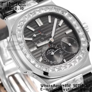 PATEK PHILIPPE Nautilus 5712 GRF 1:1 Best Edition Moon Phase Gray Dial Diamonds Bezel on Black Leather Strap A240 - Super Clone Watch | 1:1 Best Version