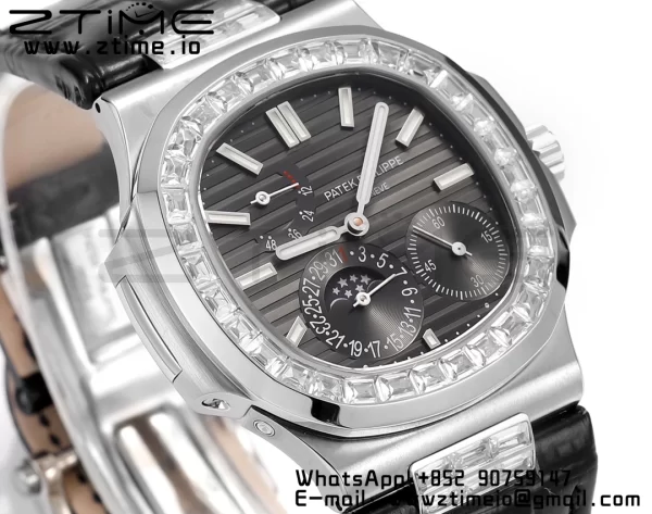 PATEK PHILIPPE Nautilus 5712 GRF 1:1 Best Edition Moon Phase Gray Dial Diamonds Bezel on Black Leather Strap A240 - Super Clone Watch | 1:1 Best Version