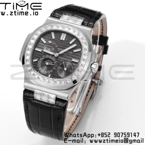 PATEK PHILIPPE Nautilus 5712 GRF 1:1 Best Edition Moon Phase Gray Dial Diamonds Bezel on Black Leather Strap A240 - Super Clone Watch | 1:1 Best Version