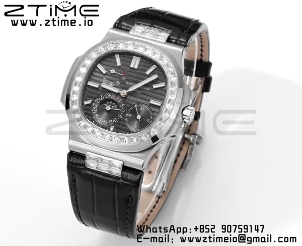 PATEK PHILIPPE Nautilus 5712 GRF 1:1 Best Edition Moon Phase Gray Dial Diamonds Bezel on Black Leather Strap A240 - Super Clone Watch | 1:1 Best Version