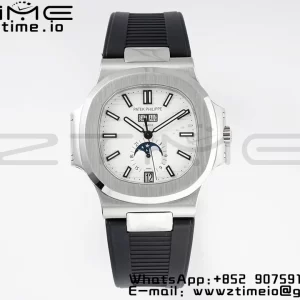 PATEK PHILIPPE Nautilus 5726 Complicated SS PPF 1:1 Best Edition White Textured Dial on Black Rubber Strap A324 - Super Clone Watch | 1:1 Best Version