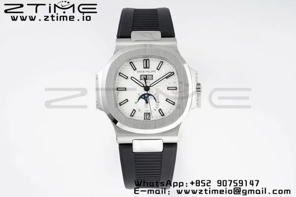 PATEK PHILIPPE Nautilus 5726 Complicated SS PPF 1:1 Best Edition White Textured Dial on Black Rubber Strap A324 - Super Clone Watch | 1:1 Best Version